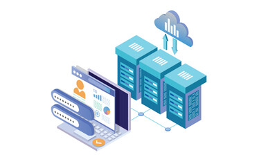 Isometric Conceptual template with Laptop connected to server racks. Scene for cloud storage service to download or upload files.on white background.3D design.isometric vector design Illustration.