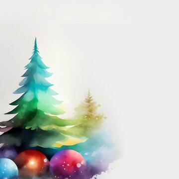 Abstract Watercolor Christmas tree with Ornaments for New Year. Snow Winter Season Holiday background design for invitation, cards, social post, ad, cover, sale banner template