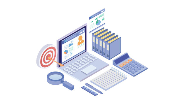 Isometric Auditing, analysis, accounting, calculation, document analysis with graphs, charts on laptop screen, folder, magnifying glass, calculator.on white background.3D design.isometric vector.