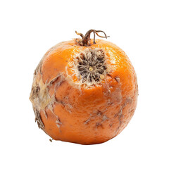Front view close up of rotten spoiled tangerine fruit isolated on a white transparent background