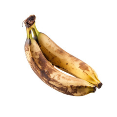 Front view close up of rotten spoiled banana fruit isolated on a white transparent background