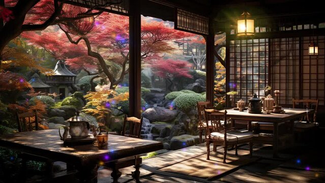 Shoji-screened Tea House Amidst a Garden of Autumnal Japanese Maples. 4K Ultra HD Animated Looping Video Background – Stunning Visuals.