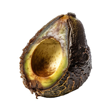Front view close up of rotten spoiled avocado fruit isolated on a white transparent background