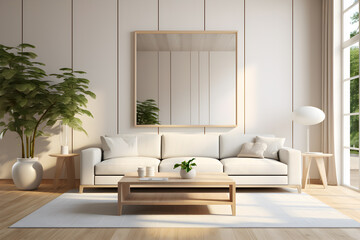 Modern living room with white sofa, in the style of classic japanese simplicity