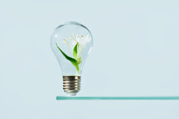 Ecology and green energy concept. green leaves growing inside a bulb. Glass shelf