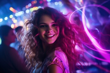 Fototapeta premium Portrait of young beautiful woman dancing in night club with lights.