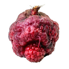 Front view close up of rotten spoiled raspberry fruit isolated on a white transparent background