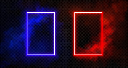 Neon light doors in blue and red smoke on transparent background. Vector realistic illustration of rectangle frame portals surrounded with color mist clouds, magic gate glowing in dark space, teleport