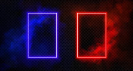 Poster Neon light doors in blue and red smoke on transparent background. Vector realistic illustration of rectangle frame portals surrounded with color mist clouds, magic gate glowing in dark space, teleport © klyaksun