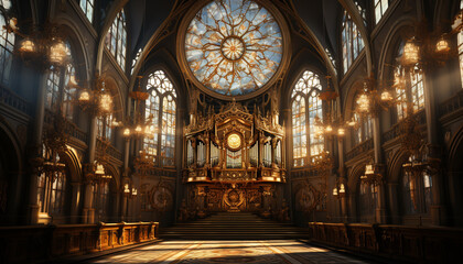 Majestic Gothic basilica, symbol of spirituality, illuminated by stained glass generated by AI - obrazy, fototapety, plakaty