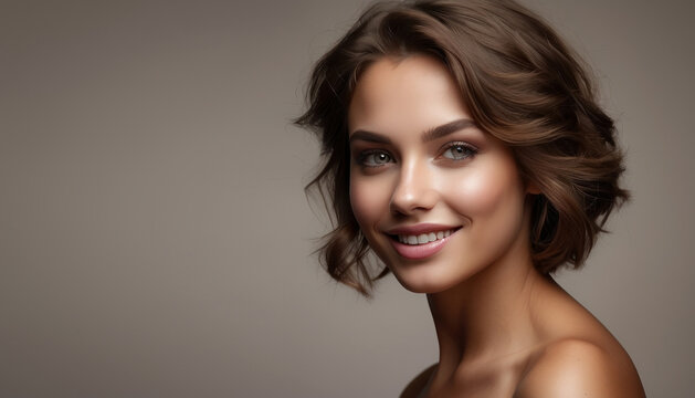 Portrait of a brown-haired young woman with natural makeup and natural style. Advertising of natural cosmetics, beauty salon. Care cosmetics, face and body skin care. close-up. brown background banner