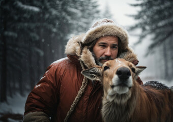 portrait of a man with a deer in the forest. Christmas