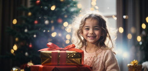 Fototapeta na wymiar cheerful girl receives a gift for the New Year. on Christmas night. child Emotions happiness and joy. Myrealholiday