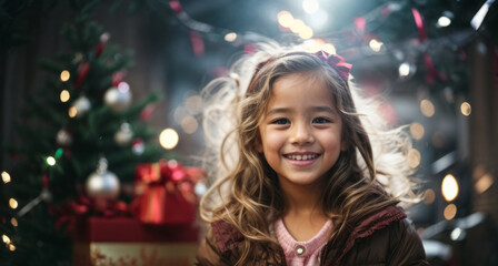 cheerful girl receives a gift for the New Year. on Christmas night. child Emotions happiness and joy. Myrealholiday