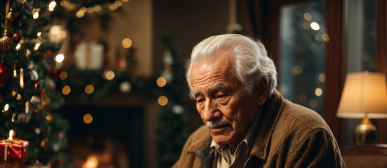 Obraz premium Sad old grandfather in the New Year. Upset man at Christmas feeling bored, thinking about problems, feeling lonely, sad, depressed, suffering from apathy, loneliness during holidays. Myrealholiday