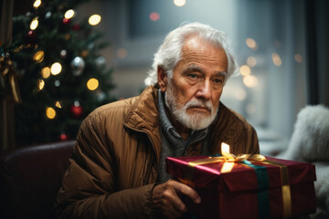 Sad old grandfather in the New Year. Upset man at Christmas feeling bored, thinking about problems, feeling lonely, sad, depressed, suffering from apathy, loneliness during holidays. Myrealholiday