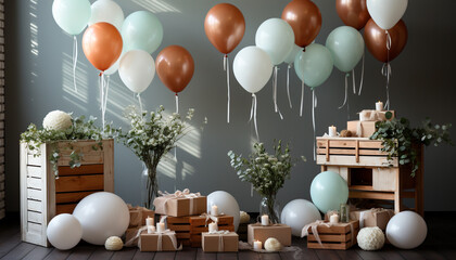 Modern birthday celebration indoors with colorful balloons and gifts generated by AI