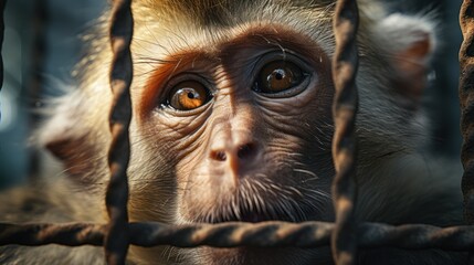 a monkey in a cage, fictional, waiting or sad look and sad expression, caged wild animal - obrazy, fototapety, plakaty