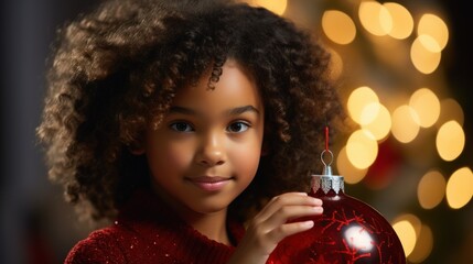A portrait of black girl in a red dress decorates a Christmas tree with a glass red ball