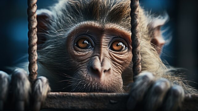 a monkey in a cage, fictional, waiting or sad look and sad expression, caged wild animal - Powered by Adobe