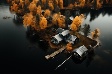 Aerial view of yellow and orange autumn forest with cottage and wooden