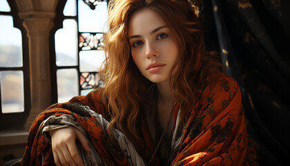 Obraz premium Young woman with brown hair sitting outdoors, looking at camera generated by AI
