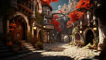 Fototapeta premium Spooky night, old architecture, lanterns illuminate famous city streets generated by AI