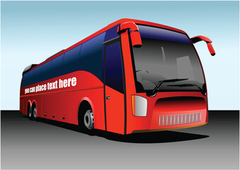 Red tourist or City bus on the road. Coach. Vector 3d illustration