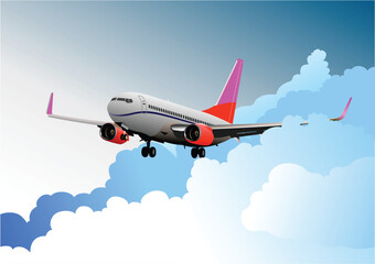 Passenger airplane on the air. Landing. Vector 3d illustration