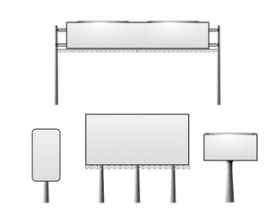 Street billboard mockup with blank white banner and lamps on metallic pillars. Realistic vector illustration set of outdoor road board for advertising sign. Horizontal signage panel template.
