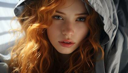 Fototapeta premium Young woman, beauty in nature, looking at camera, smiling generated by AI