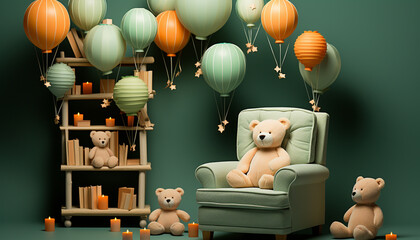 Cute teddy bear sitting, playing with colorful balloons, joyful celebration generated by AI