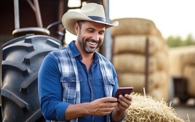 Smiling farmer using a smartphone and tractor at harvesting