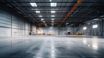 A Empty warehouse with concrete floor inside industrial building Use it as a large factory, warehouse, hangar or factory. Modern interior with steel structure with space for an industrial background. - obrazy, fototapety, plakaty