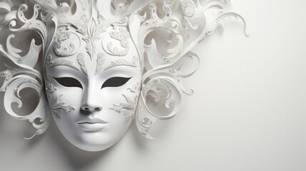 White carnival mask, venetian masquerade party costume. Invitation minimalistic background.