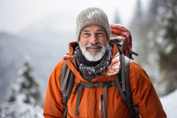 Fototapeta premium Portrait of an elderly man hiking in mountains with red backpack at winter