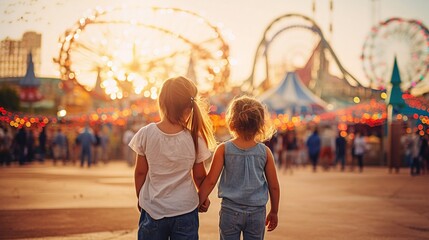 Dos hermanas caminan de la mano en una feria, capturando el vínculo familiar y la magia del carnaval al atardece - obrazy, fototapety, plakaty