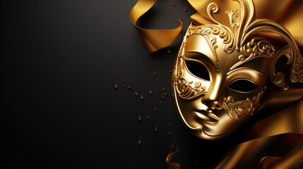 Gold carnival mask, venetian golden masquerade party costume. Invitation black background.