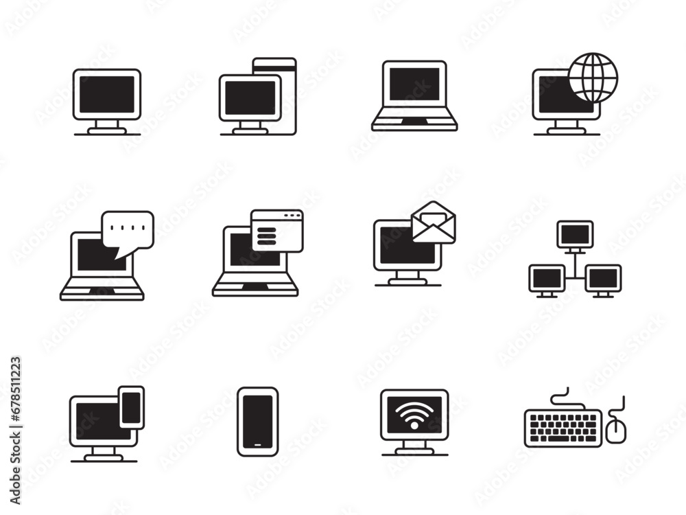 Wall mural set of computer icons with black style on white background. computer signs collection