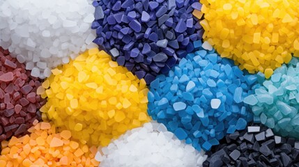Piles of crushed plastic granules. Polymer recycle industry. PVC production, colorful thermoplastic