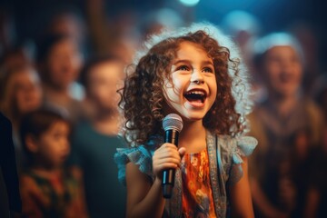 Obraz premium charming girl child singing emotionally at a concert in front of a microphone,