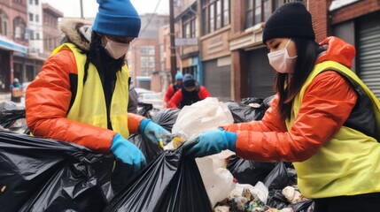 Volunteers collecting plastic waste from city streets. Road littered with garbage.