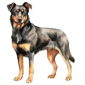Beauceron dog breed watercolor illustration. Cute pet drawing isolated on white background.