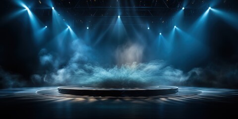 Empty blue stage with volumetric lights and smoke on a background, mockup. - obrazy, fototapety, plakaty