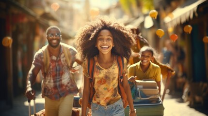 Obraz premium Family Trip Concept. Portrait of cheerful African American girl having fun