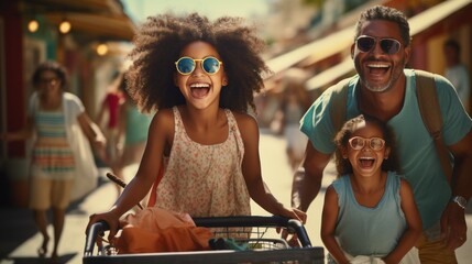 Family Trip Concept. Portrait of cheerful African American girl having fun
