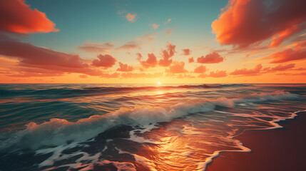 Colorful sunset and waves on the beach poster web PPT background