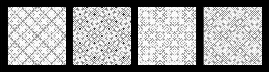 Set of four abstract seamless patterns with repeating geometric rhombuses, lattice backgrounds. Linear patterns. Geometric lattices. Black and white background.