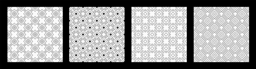 Set of four abstract seamless patterns with repeating geometric rhombuses, lattice backgrounds. Linear patterns. Geometric lattices. Black and white background.