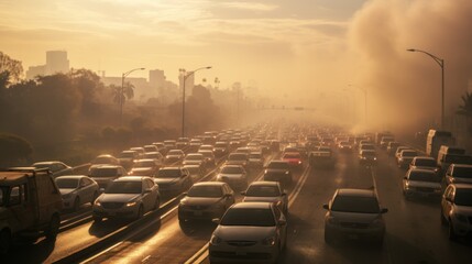 Traffic jams on the highway, dust, dirt, and impurities in the air The car was foggy and very covered. - obrazy, fototapety, plakaty